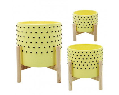 Sagebrook 10" Dotted Planter With Wood Stand - Yellow