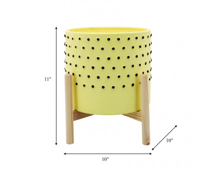 Sagebrook 10" Dotted Planter With Wood Stand - Yellow