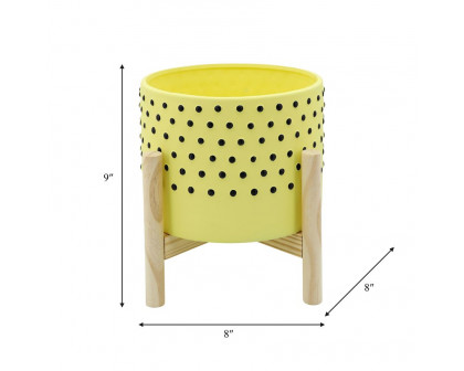 Sagebrook 8" Dotted Planter With Wood Stand - Yellow