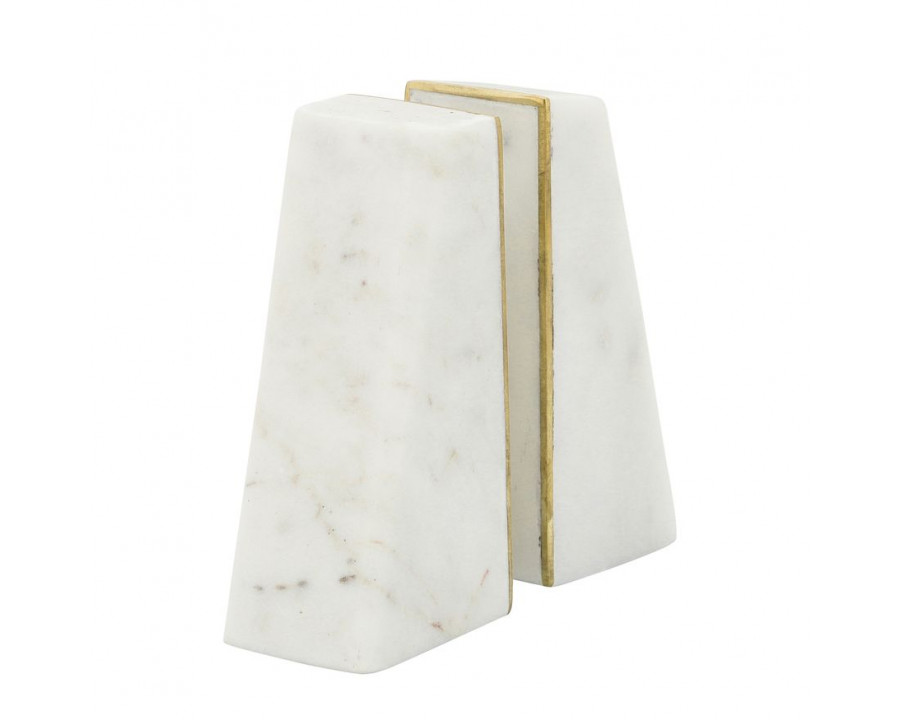 Sagebrook - 6" Marble Slanted Bookends With Gold Trim (Set Of 2) in White