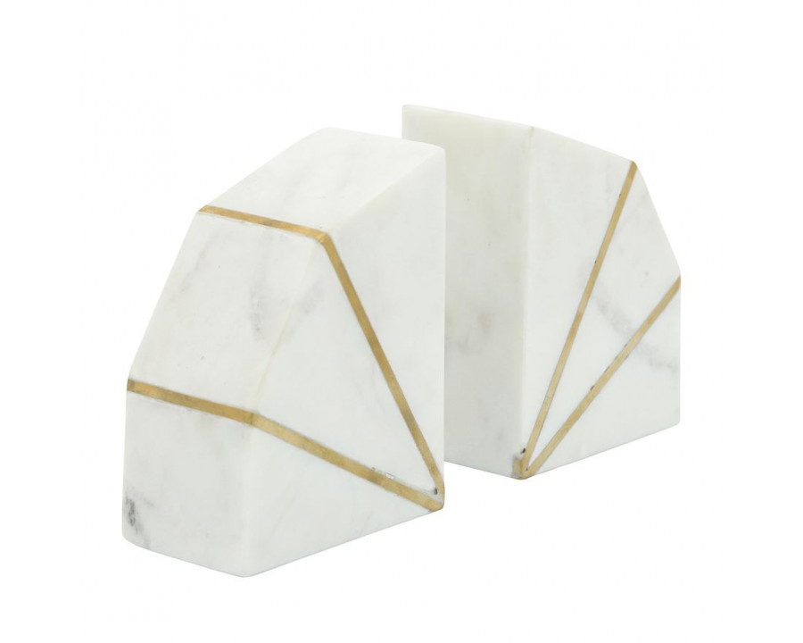 Sagebrook - 5" Marble Accent Bookends With Gold Inlays (Set Of 2) in White