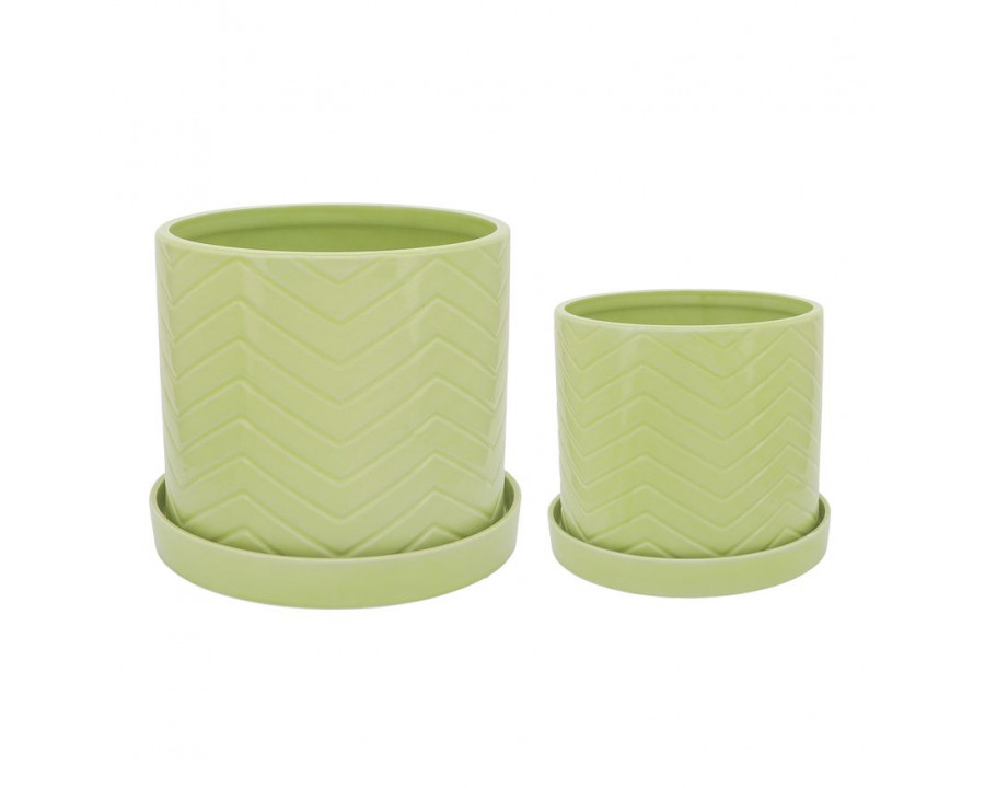 Sagebrook 10"/12" Chevron Planters With Saucer (Set Of 2) - Green