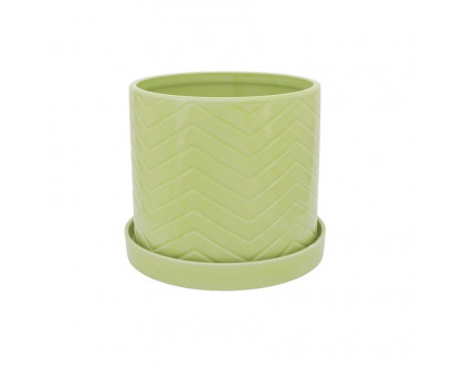 Sagebrook 10"/12" Chevron Planters With Saucer (Set Of 2) - Green