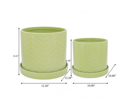 Sagebrook 10"/12" Chevron Planters With Saucer (Set Of 2) - Green