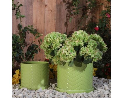 Sagebrook 10"/12" Chevron Planters With Saucer (Set Of 2) - Green