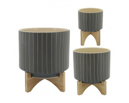 Sagebrook - 10" Stripes Planter With Stand in Gray