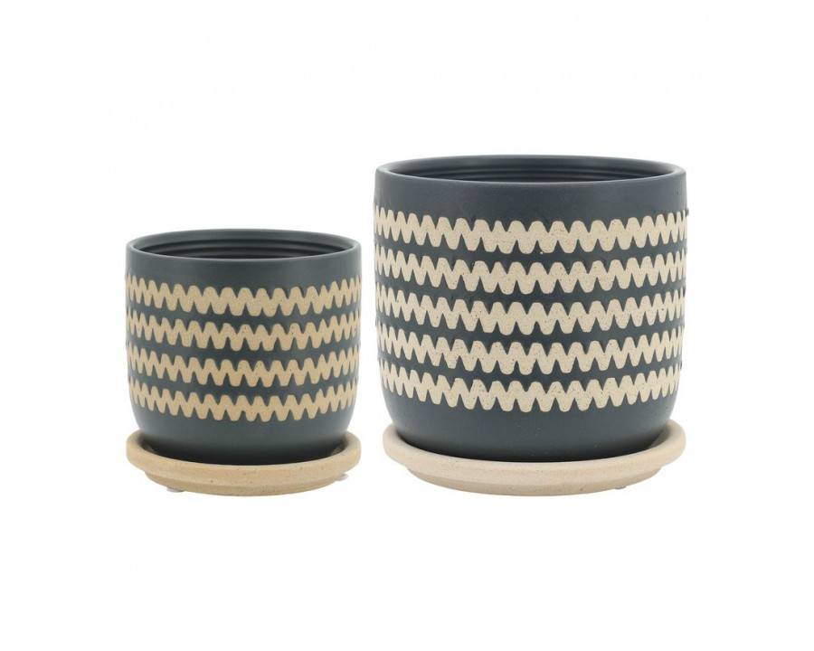 Sagebrook 5"/6" Zig-zag Planters With Saucer (Set Of 2) - Teal