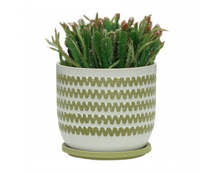 Sagebrook 8" Ceramic Zig-zag Planter with Saucer - Olive