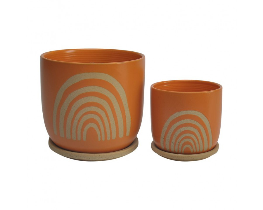 Sagebrook 8" Ceramic Arch Planters with Saucer (Set Of 2) - Orange