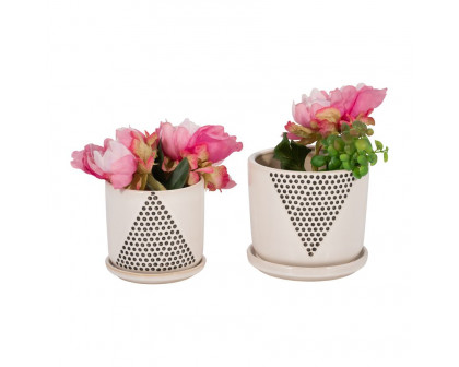 Sagebrook 5"/6" Triangle Dots Planters With Saucer (Set Of 2) - White