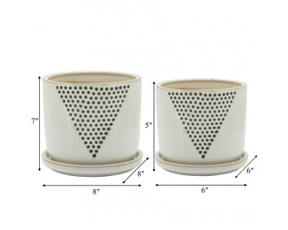 Sagebrook 5"/6" Triangle Dots Planters With Saucer (Set Of 2) - White