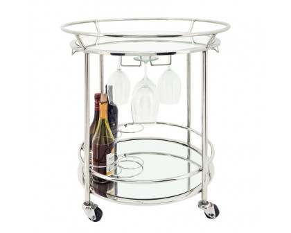 Sagebrook Two Tier Round Rolling Bar Cart - Silver