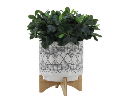 Sagebrook 10" Aztec Ceramic Planter On Wooden Stand - Gray