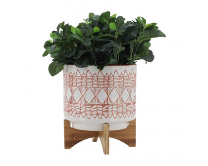 Sagebrook 10" Aztec Ceramic Planter On Wooden Stand - Orange