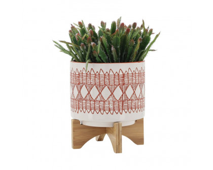 Sagebrook 8" Aztec Ceramic Planter On Wooden Stand - Orange