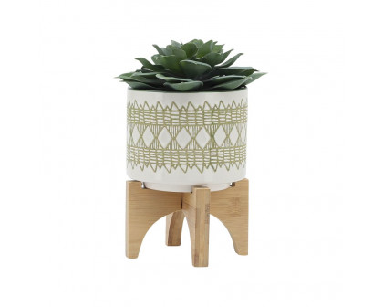 Sagebrook 5" Aztec Ceramic Planter On Wooden Stand - Olive