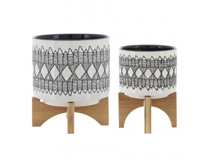 Sagebrook 5"/8" Aztec Ceramic Planters On Wooden Stand (Set Of 2) - Gray