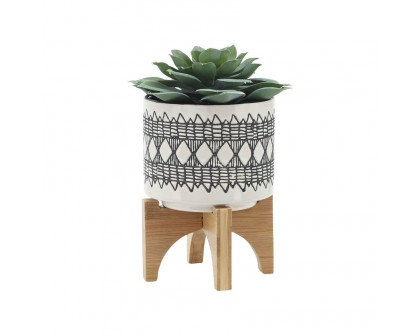 Sagebrook 5"/8" Aztec Ceramic Planters On Wooden Stand (Set Of 2) - Gray