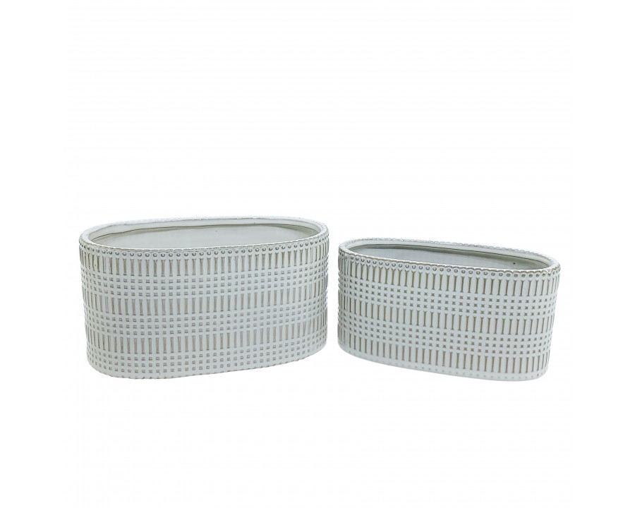 Sagebrook - 10" Ceramic Oval Lines Planter (Set Of 2) in Beige