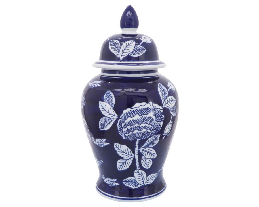 Sagebrook - 18" Ceramic Flower Temple Jar in White/Blue