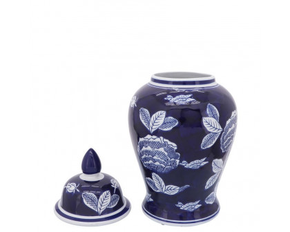 Sagebrook - 18" Ceramic Flower Temple Jar in White/Blue