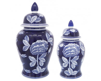 Sagebrook - 18" Ceramic Flower Temple Jar in White/Blue