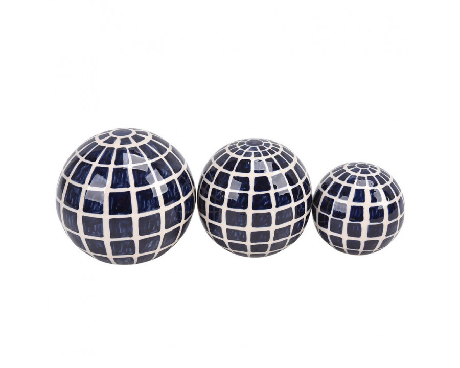 Sagebrook - 4"/5"/6" Ceramic Checkered Orbs (Set Of 3) in Blue