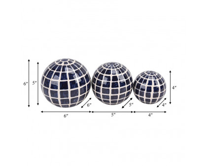 Sagebrook - 4"/5"/6" Ceramic Checkered Orbs (Set Of 3) in Blue