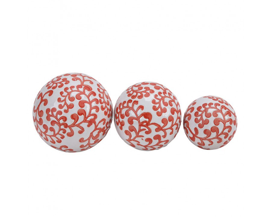 Sagebrook 4"/5"/6" Ceramic Fern Orbs (Set Of 3) - White/Red