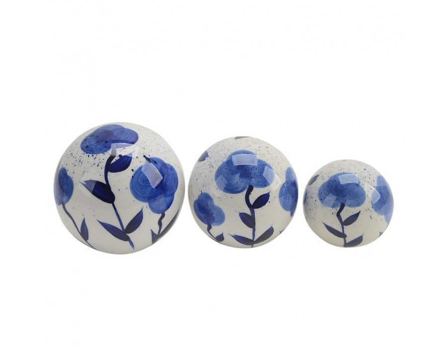 Sagebrook - 4"/5"/6" Ceramic Flower Painted Orbs (Set Of 3) in Blue