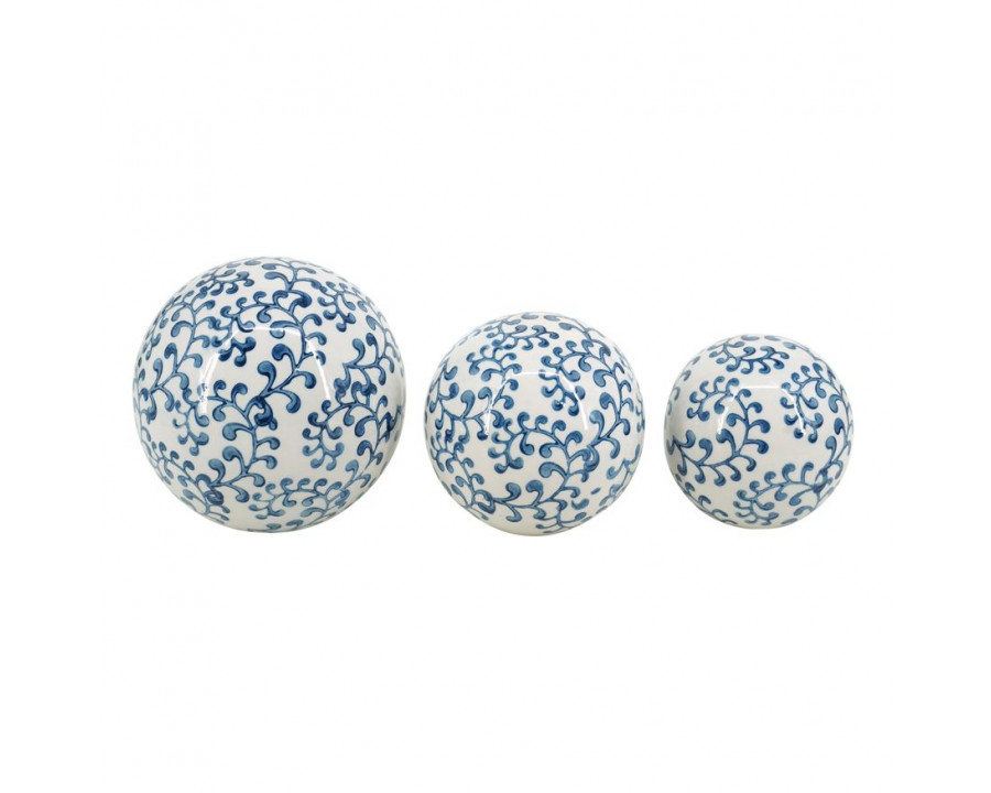 Sagebrook 4"/5"/6" Ceramic Chinoiserie Fern Orbs (Set Of 3) - Blue/White