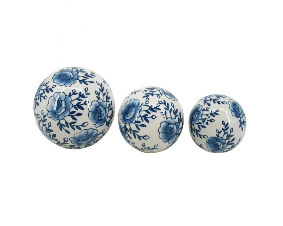 Sagebrook - 4"/5"/6" Ceramic Chinoiserie Lotus Orbs (Set Of 3) in Blue/White