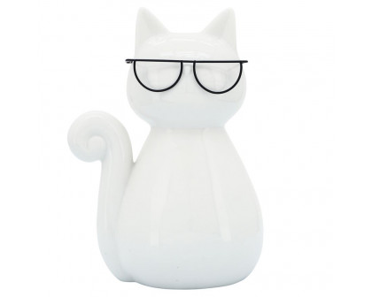 Sagebrook 7" Porcelain Cat With Glasses - White