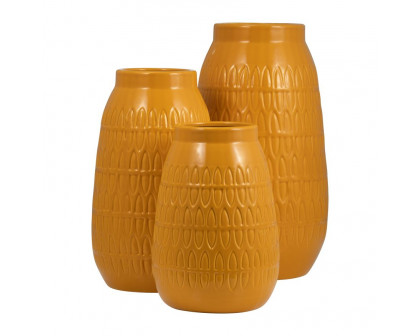 Sagebrook 10" Ceramic Carved Vase - Mustard Gold