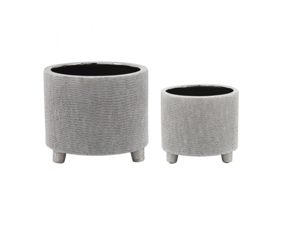 Sagebrook 6"/8" Footed Scratched Ceramic Planters (Set Of 2) - Silver