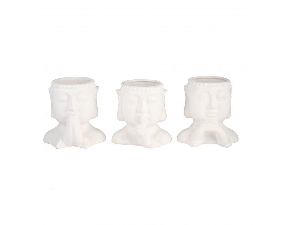 Sagebrook - 7" Ceramic Buddha Head Planters (Set Of 3) in White