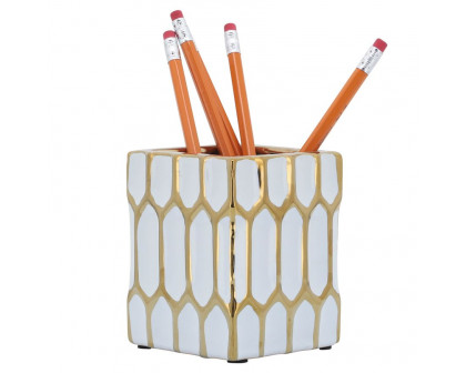 Sagebrook 4" Ceramic Pen Holder - White/Gold