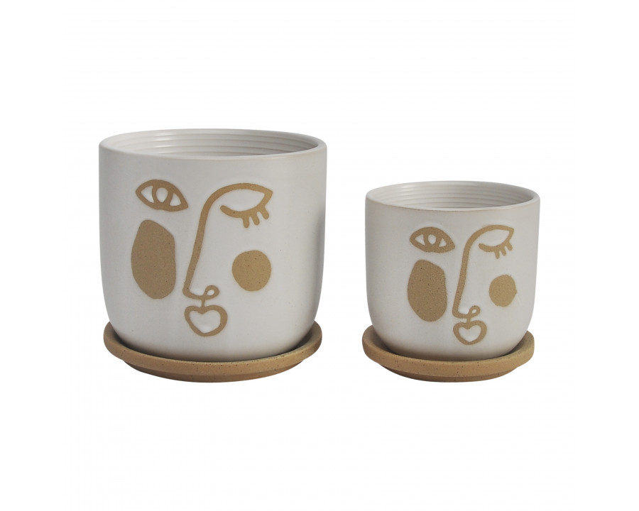 Sagebrook 6" Funky Face Planter with Saucer (Set Of 2) - Beige