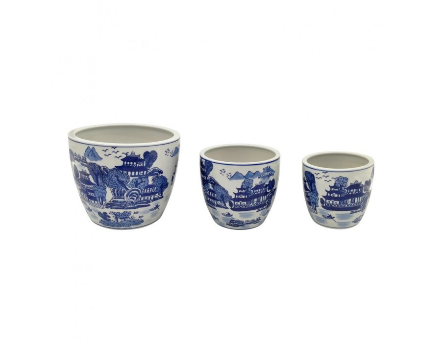 Sagebrook 6"/8"/10" Ceramic Chinoiserie Planters (Set Of 3) - Blue/White