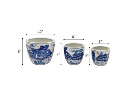 Sagebrook 6"/8"/10" Ceramic Chinoiserie Planters (Set Of 3) - Blue/White