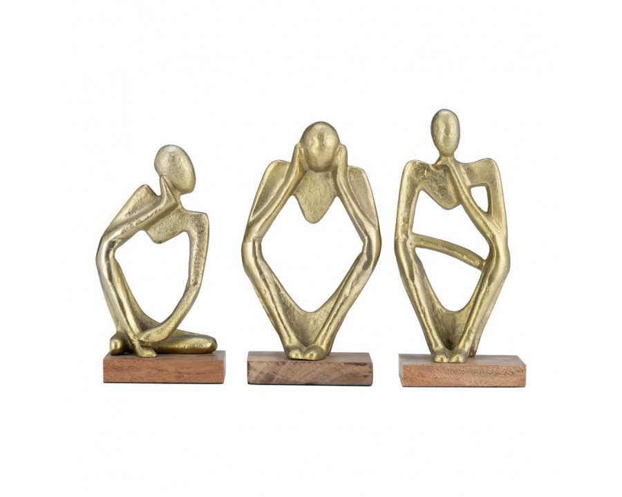 Sagebrook - 9" Metal/Wood Deep Thoughts (Set Of 3) in Gold