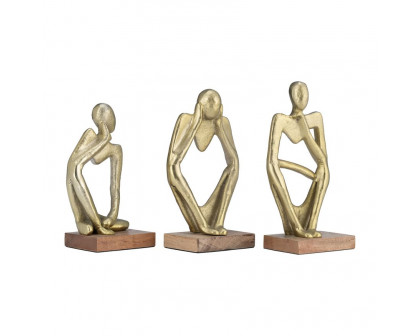 Sagebrook - 9" Metal/Wood Deep Thoughts (Set Of 3) in Gold