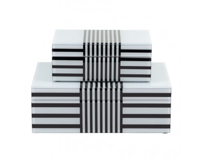 Sagebrook 8"/11" Wood Striped Boxes (Set Of 2) - Black/White