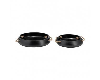 Sagebrook 12"/15" Wood Round Trays With Rope Handles (Set Of 2) - Black