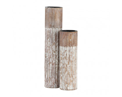 Sagebrook 14" Wood 2-Tone Textured Candle Holder - Brown