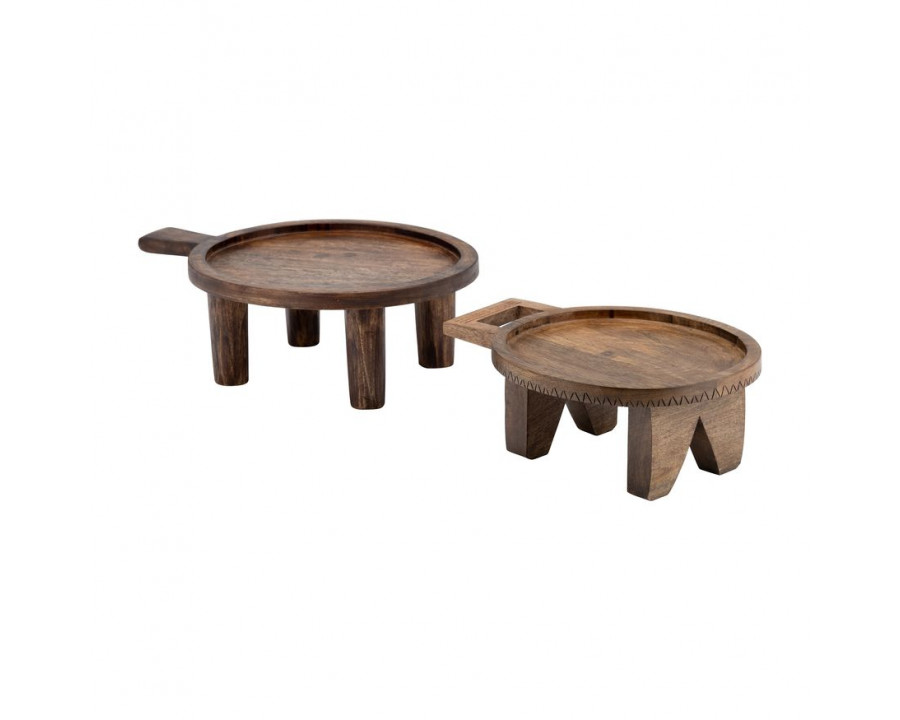 Sagebrook - 12"/15" Wood Round Risers With Handle (Set Of 2) in Brown