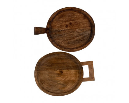 Sagebrook - 12"/15" Wood Round Risers With Handle (Set Of 2) in Brown