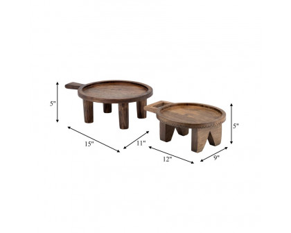 Sagebrook - 12"/15" Wood Round Risers With Handle (Set Of 2) in Brown