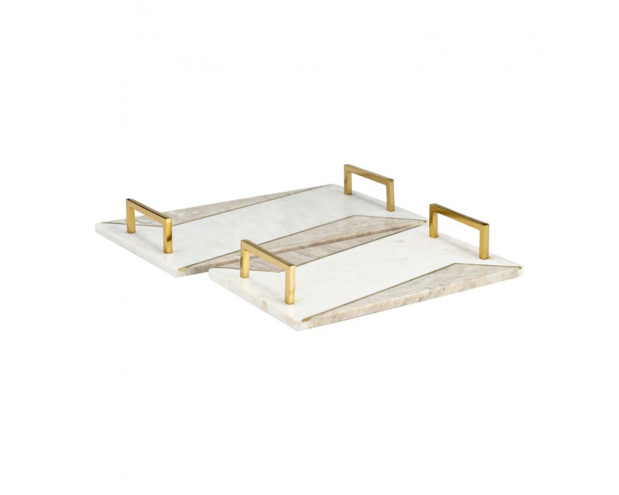 Sagebrook - 15"/18" Marble 2-tone Trays With Handle (Set Of 2) in White