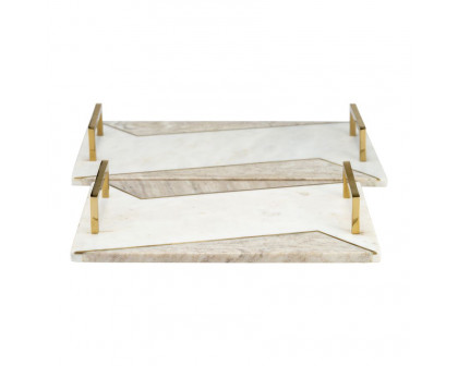 Sagebrook - 15"/18" Marble 2-tone Trays With Handle (Set Of 2) in White